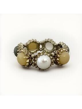 NWT Natasha Gold-Tone Stretch Bracelet Faux Pearl Stone 1" Wide OS
